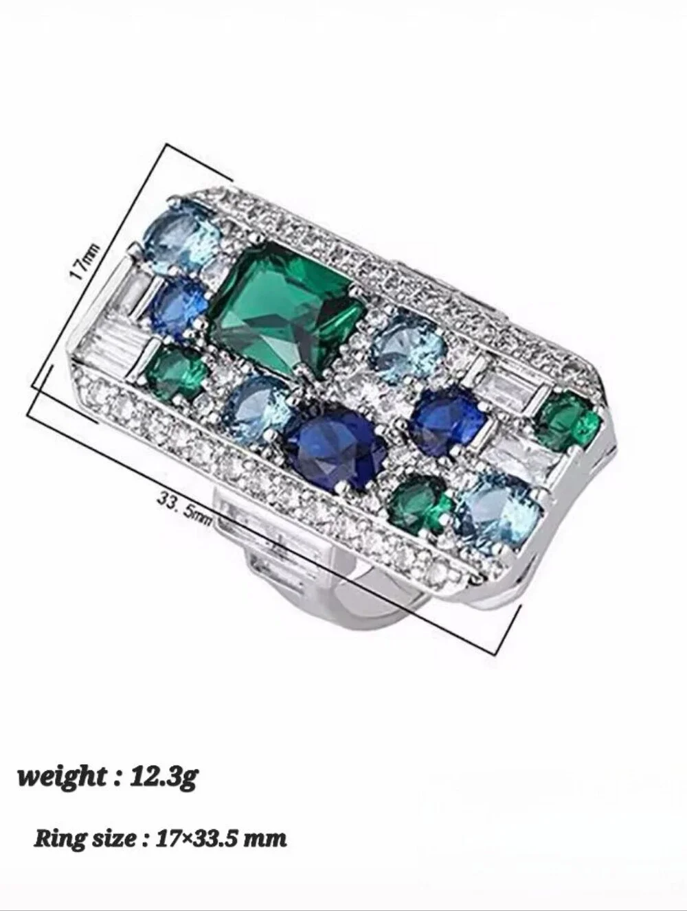 Silver-Tone Green and Blue Gemstone Cocktail Ring
